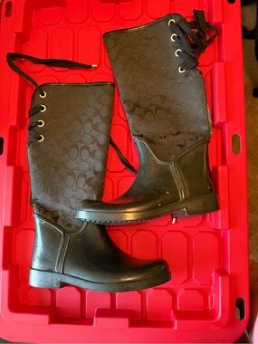 Coach Black Signature Logo Knee-High Lace-Up Rain Boots